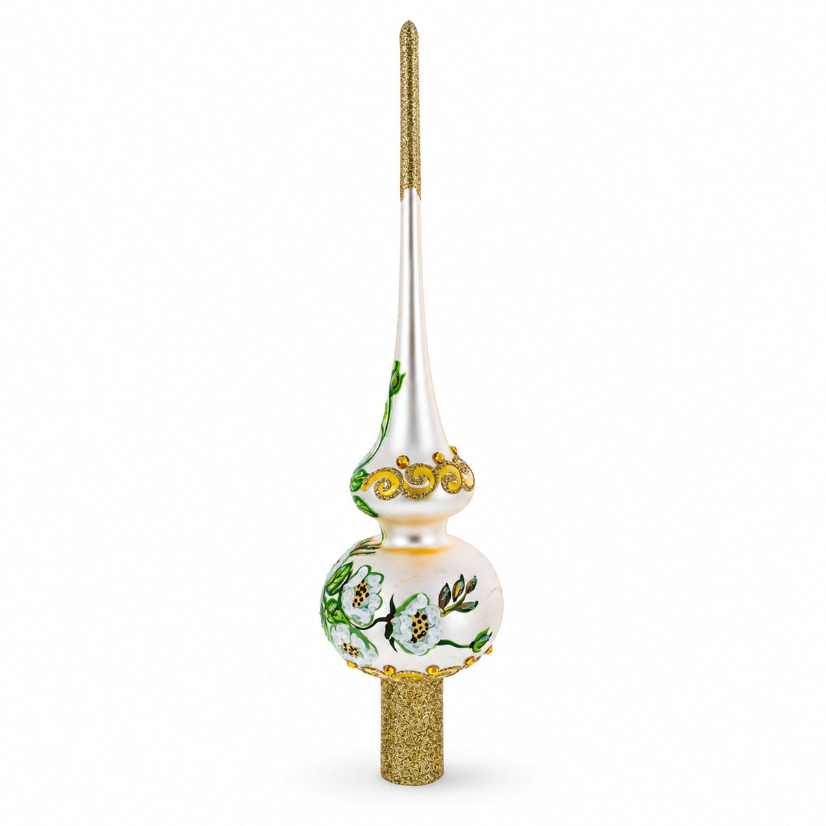 White Flowers Bouquet on Beige Glass Christmas Tree Topper 11 Inches 2