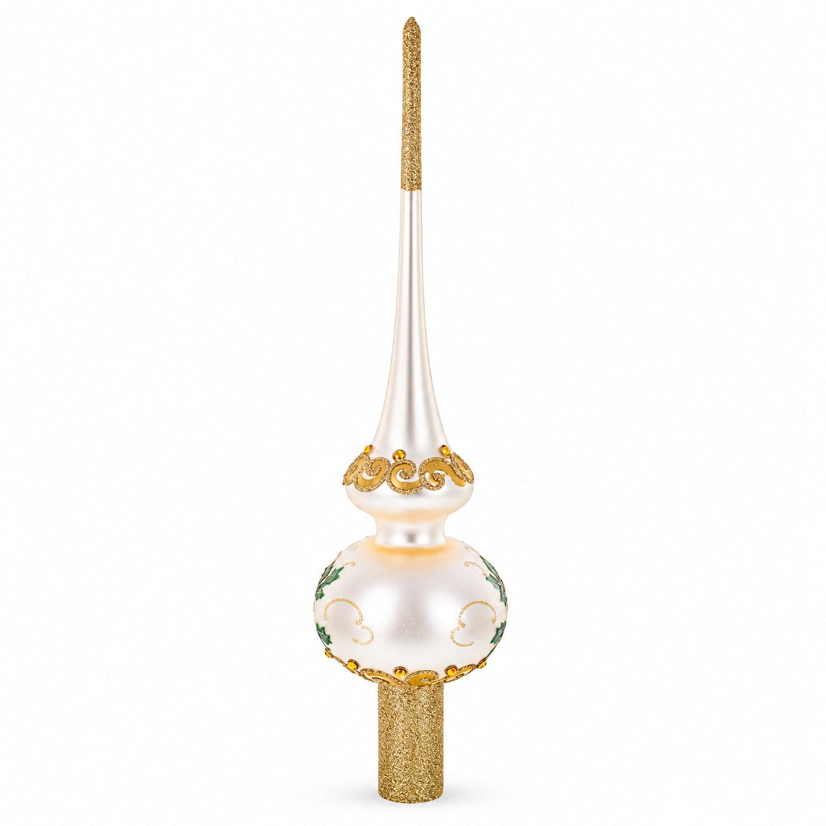 White Flowers Bouquet on Beige Glass Christmas Tree Topper 11 Inches 3