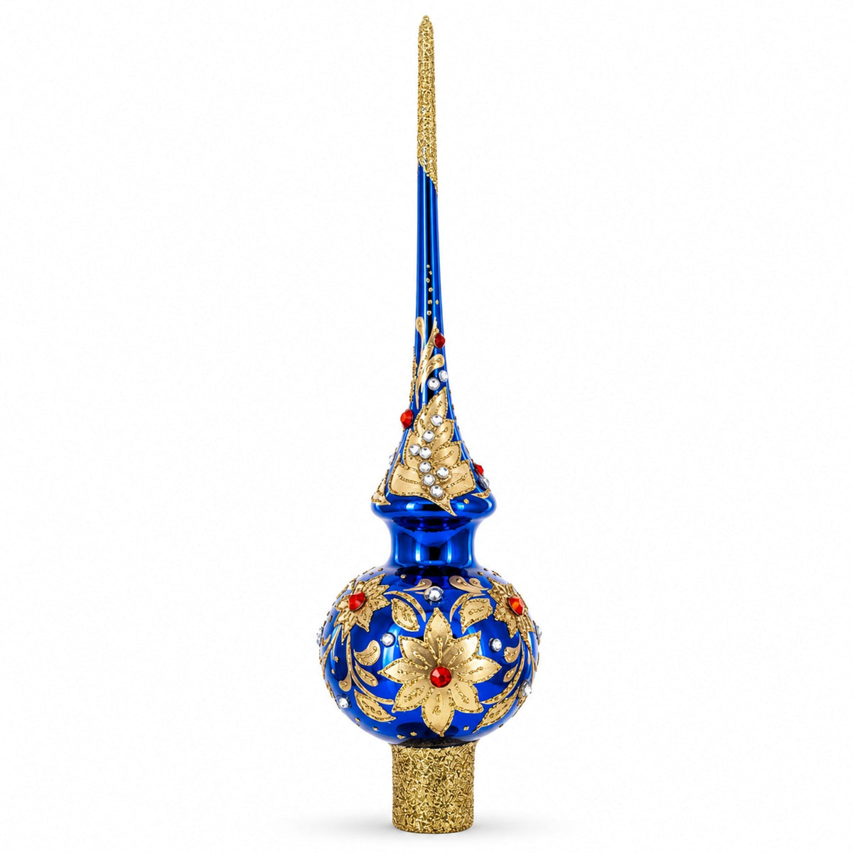Royal Blue and Gold Floral Majesty Glass Christmas Tree Topper 11 Inches 1