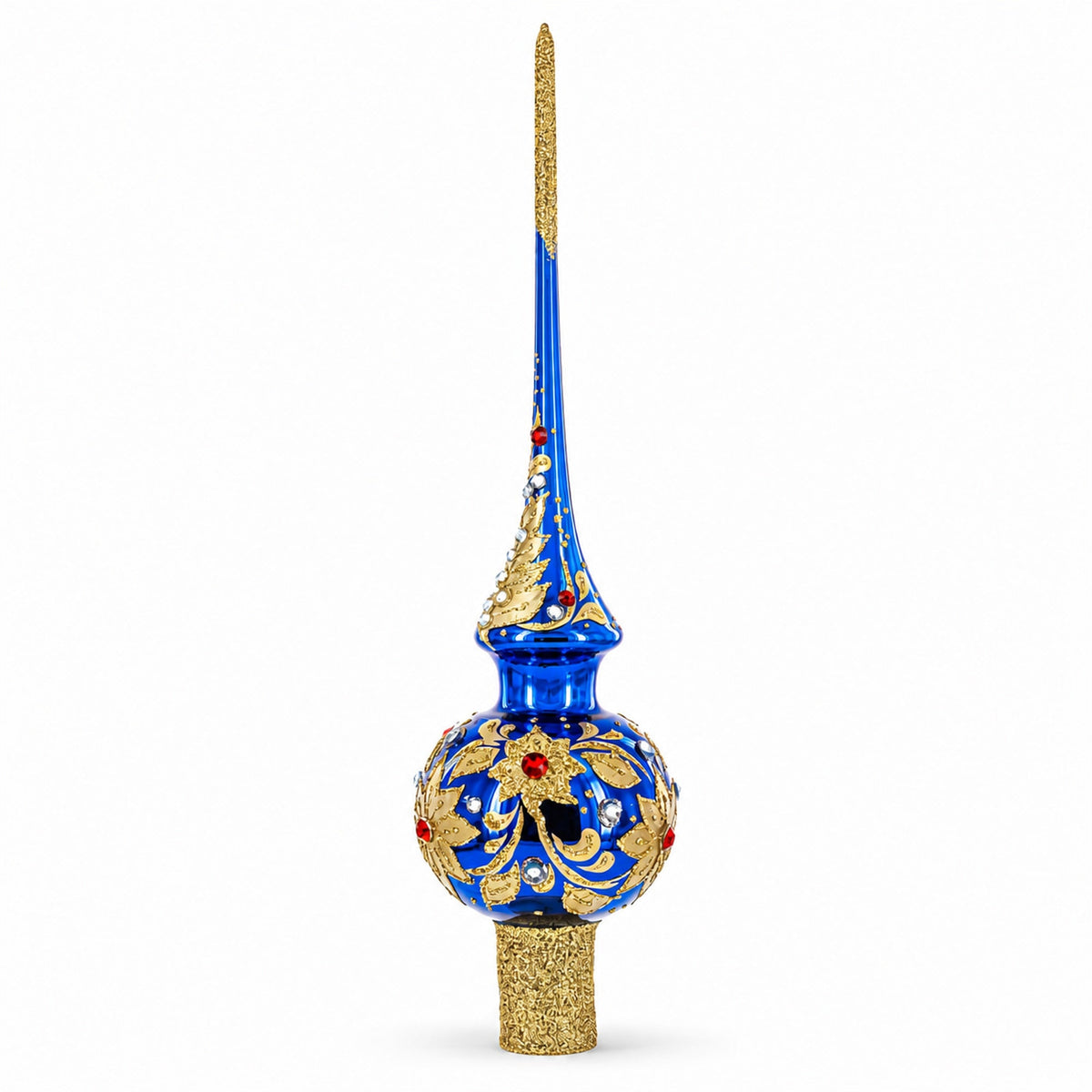 Royal Blue and Gold Floral Majesty Glass Christmas Tree Topper 11 Inches 2
