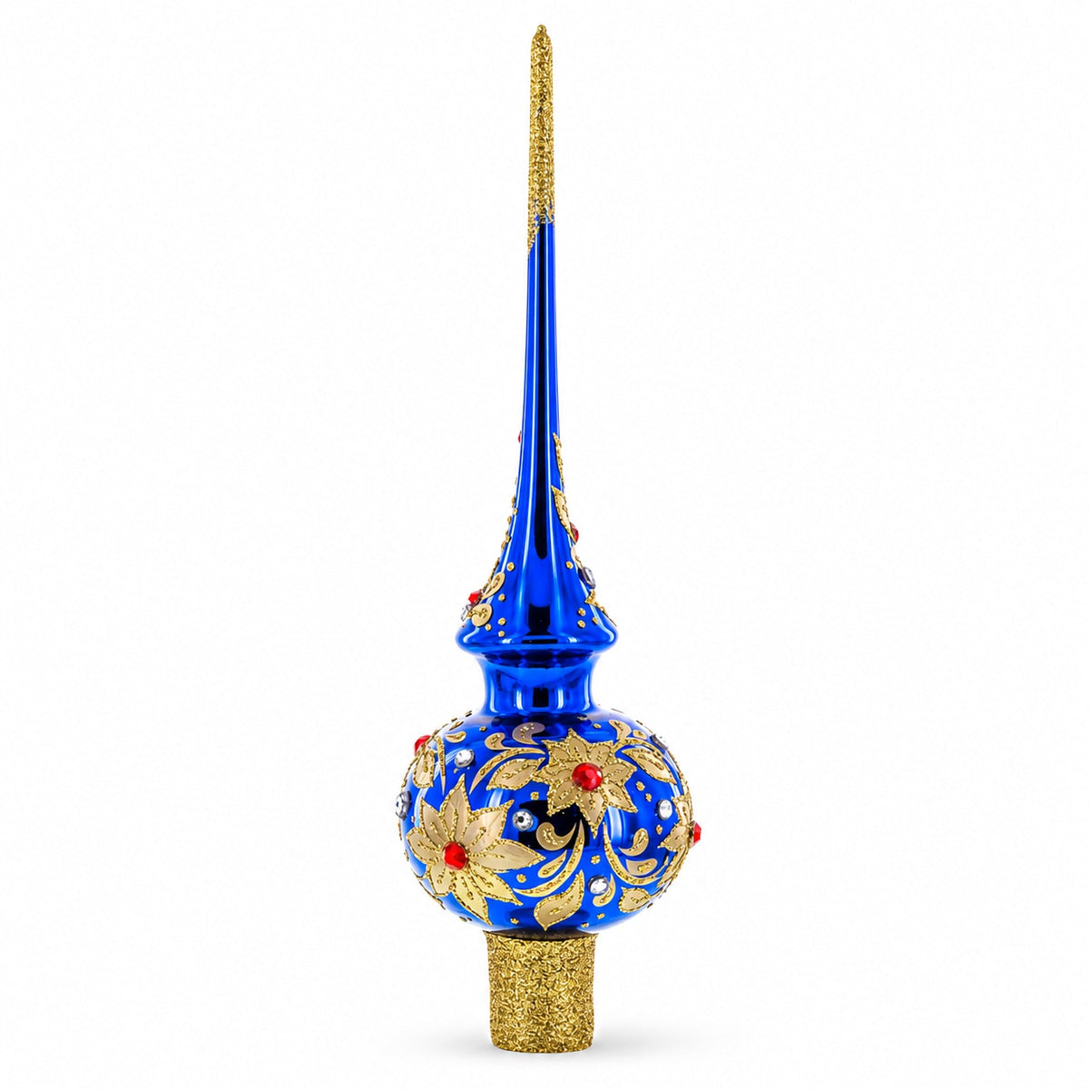 Royal Blue and Gold Floral Majesty Glass Christmas Tree Topper 11 Inches 3