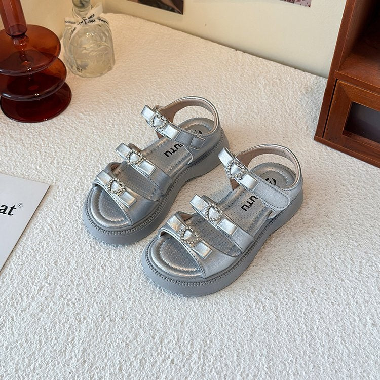 2025 Summer New Girls' Heart Rhinestone Sandals, Korean Style Princess Shoes With Bow, Kids Roman Sandals 5