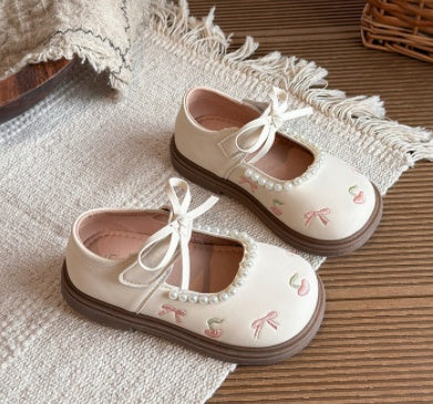 New Arrival Girls' Leather Shoes For Spring And Autumn, Kids' Flat Shoes With Pearls, Bows And Embroidery, Stylish Performance Shoes For Little Girls 2