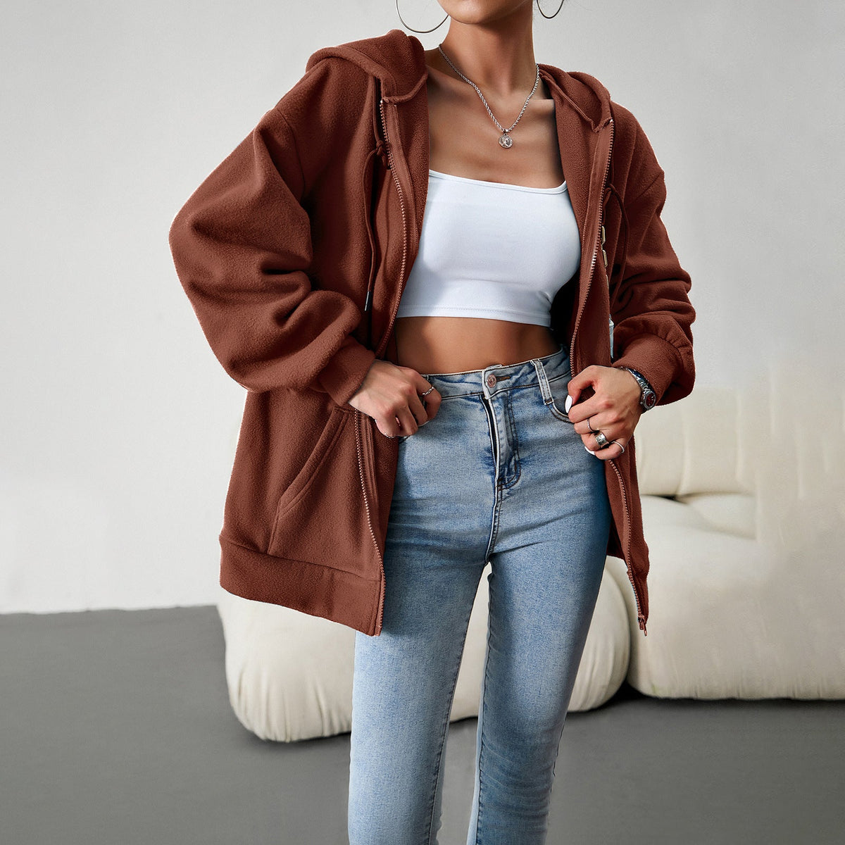 Casual Fashion Hooded Cardigan Jacket With Pockets Winter And Autumn Loose Sports Coat Women Solid Outwear Clothing 8