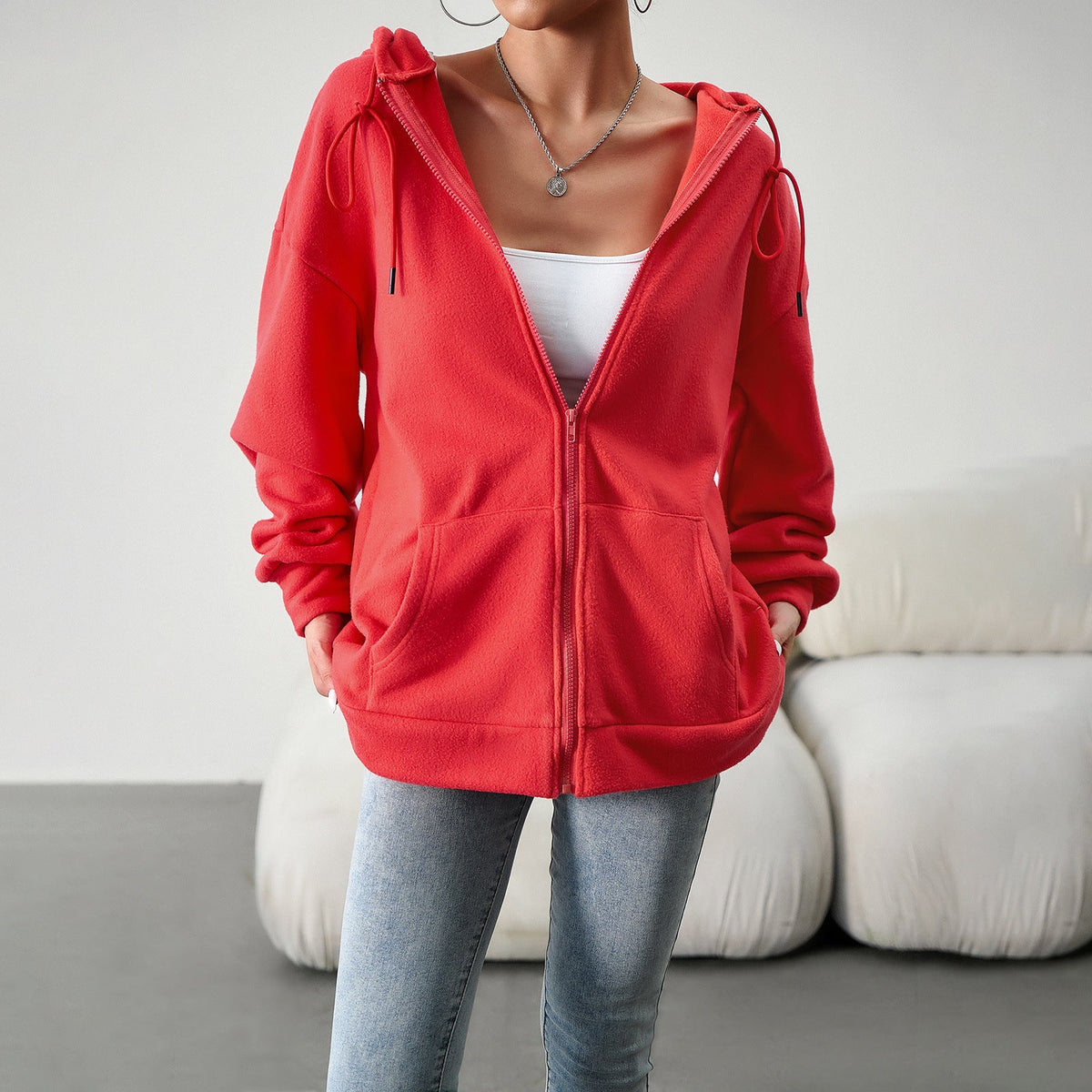 Casual Fashion Hooded Cardigan Jacket With Pockets Winter And Autumn Loose Sports Coat Women Solid Outwear Clothing 3