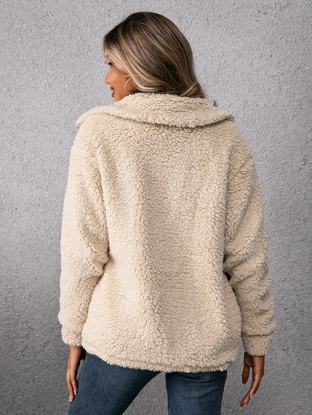Lapel Single-breasted Fleece Coat Winter Warm Button Pocket Short Jacket Top Women Clothing 4