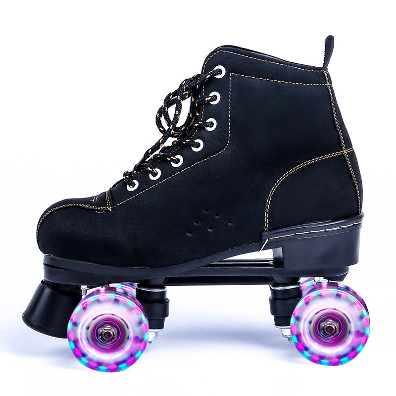 Black Lether Roller Skates Shoes 4-Wheel Double Row 4