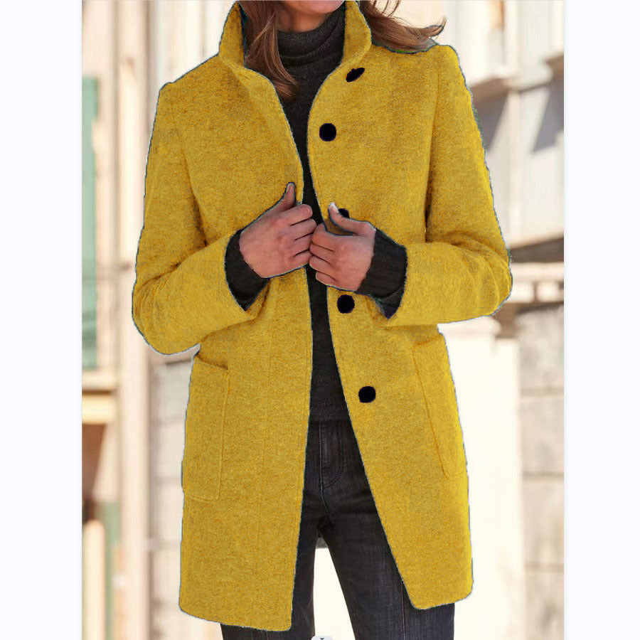 Fashion Stand Collar Woolen Coat With Pockets Fall Winter Casual Button Outwear For Women Clothing 12