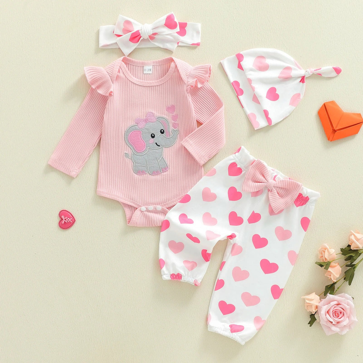 Long-sleeved Onesie With Long Pants Hat Hairband, Four-piece Set 1