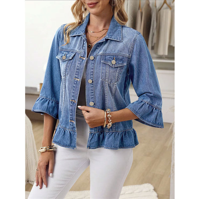 Exclusive Cross-border Supply Of Ruffled Denim Jacket For Women, Cropped Jean Jacket With Bell Sleeves, Sweet Style Outerwear 1