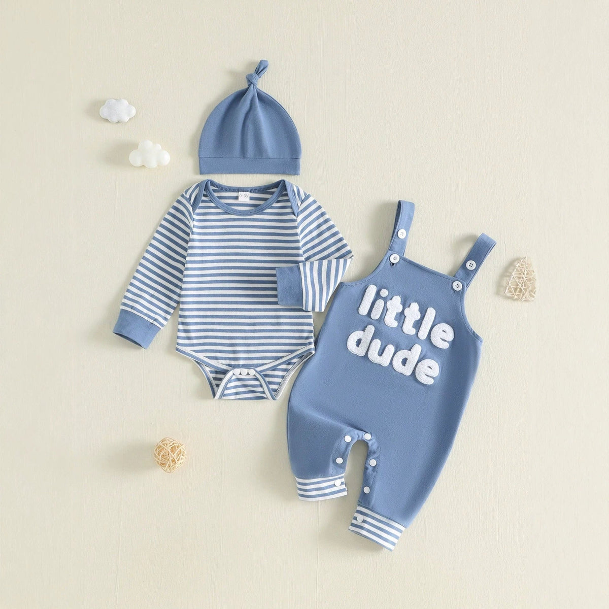 Baby And Toddler Striped Long-sleeve Romper Suspender Pants And Hat Set 1