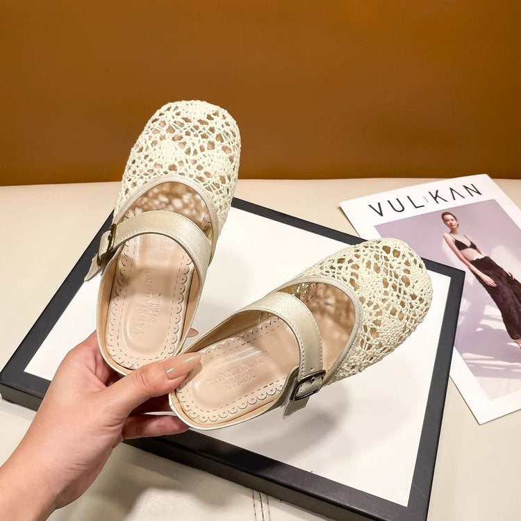 2026 New Summer Girls Hollow Round Toe Mule Slippers, Woven Closed Toe Retro Fashion Flat Slide Sandals, Casual Simple Outdoor Wear 4