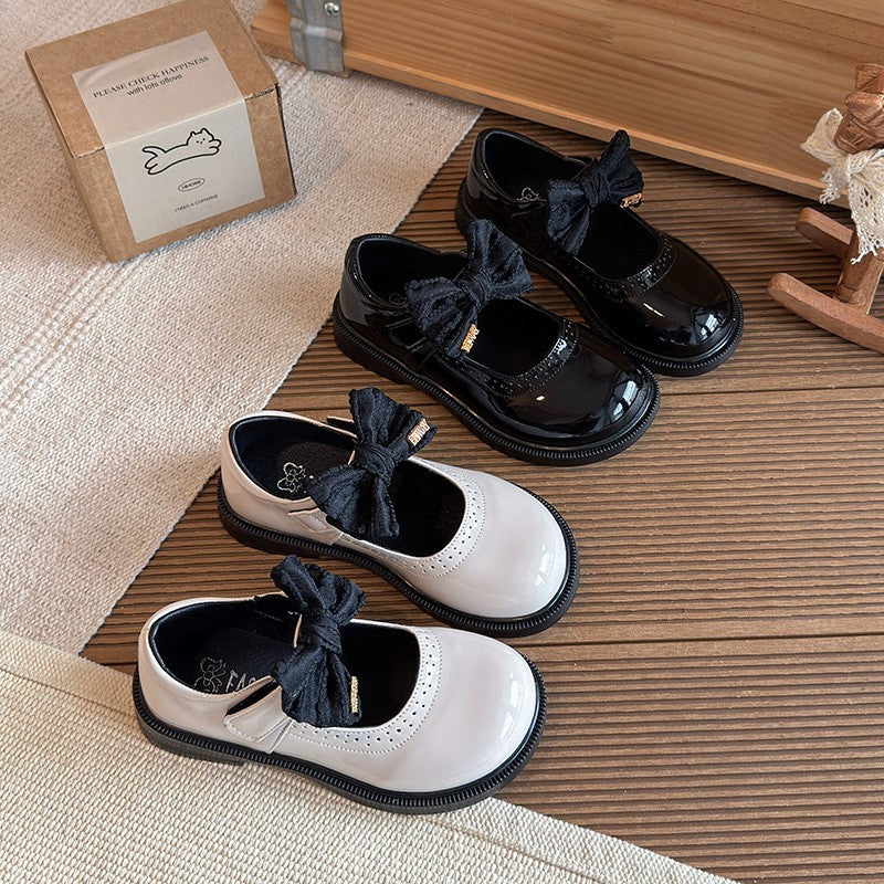 2026 Spring New Kids Leather Shoes, Stylish Black Bow Princess Mary Jane Flat Shoes For Girls 5