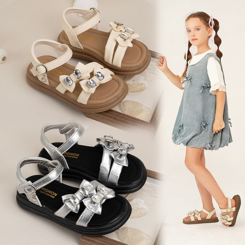 2026 Summer New Ins Fashion Girls Open-Toe Beach Sandals, Bow Decor Cool Princess Style Kids Sandals 1