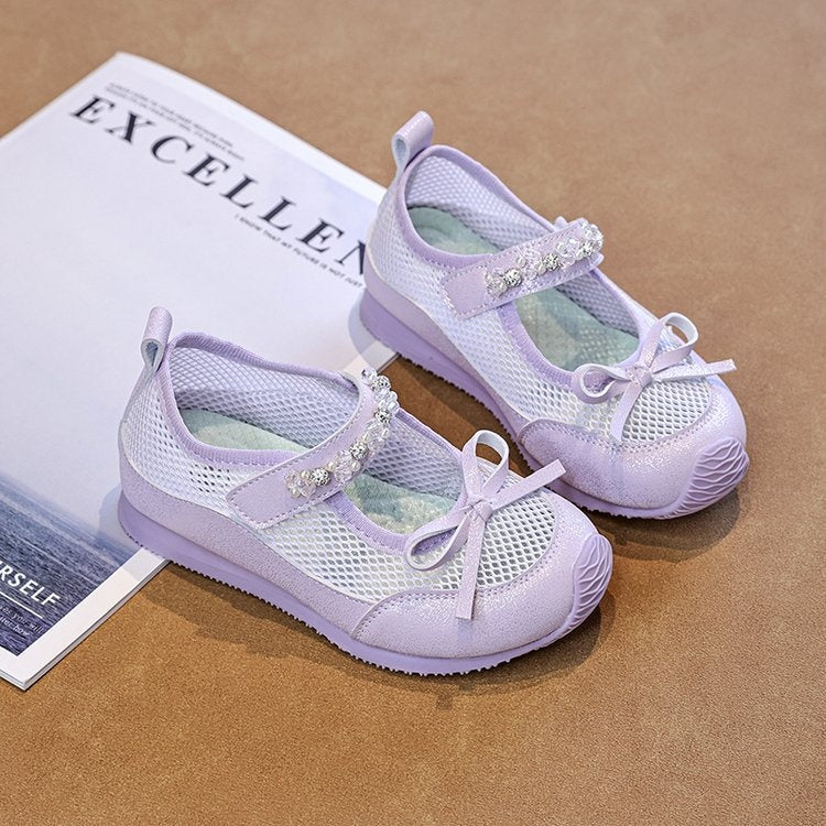 2026 Summer New Girls Ballet Shoes, Mary Jane Sandals With Bow & Rhinestone, Breathable Soft Sole Kids Shoes 5