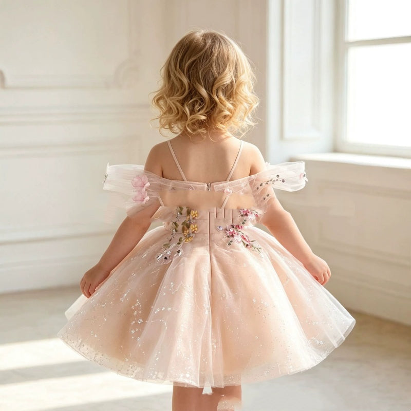 Three-dimensional Flower And Butterfly Tulle Ball Gown For Flower Girls 3