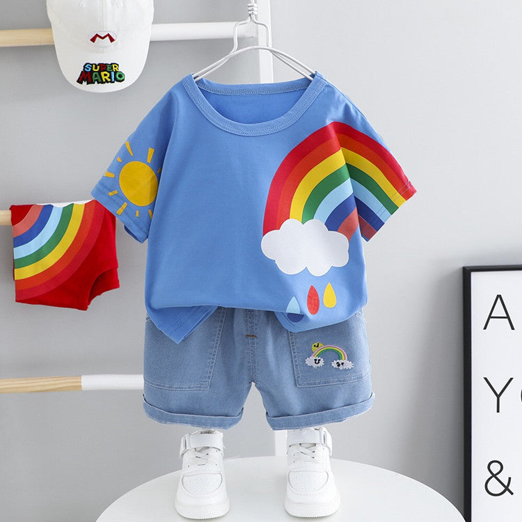 Boys And Girls Short-sleeved Denim Five-point Pants Two-piece Cute Pants Suit Cotton Short-sleeved 3