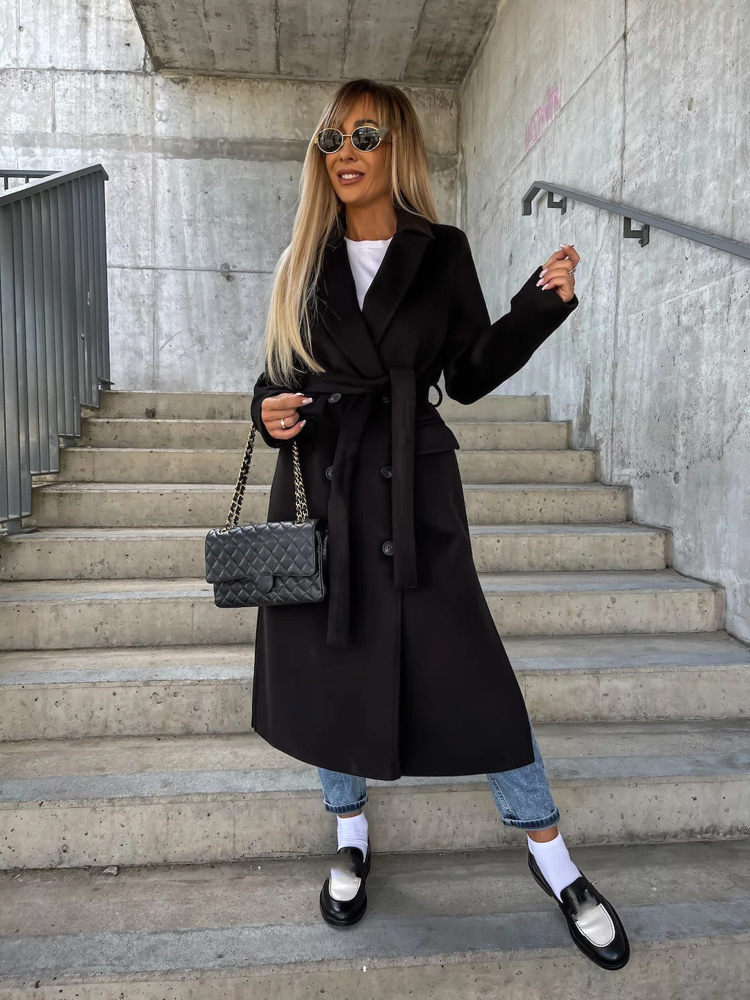 Double-breasted Lapel Split Jacket With Belt Winter Fashion Casual Long Sleeve Button Daily Coats For Women Clothing 7