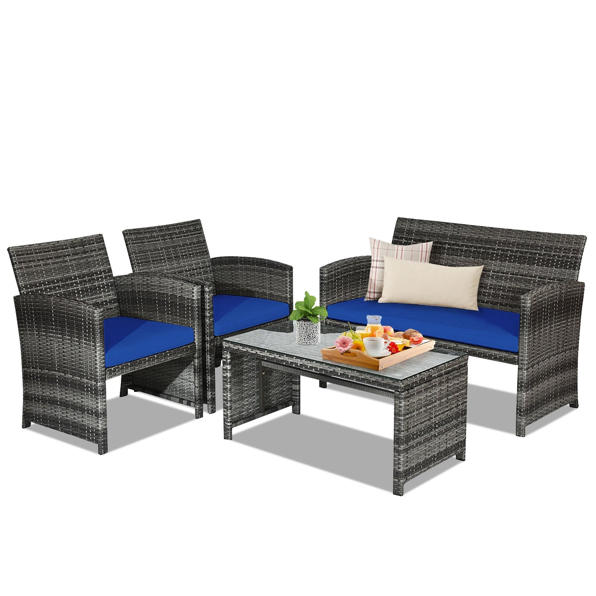 4 Pieces Patio Rattan Furniture Set with Glass Table and Loveseat-Gray 10