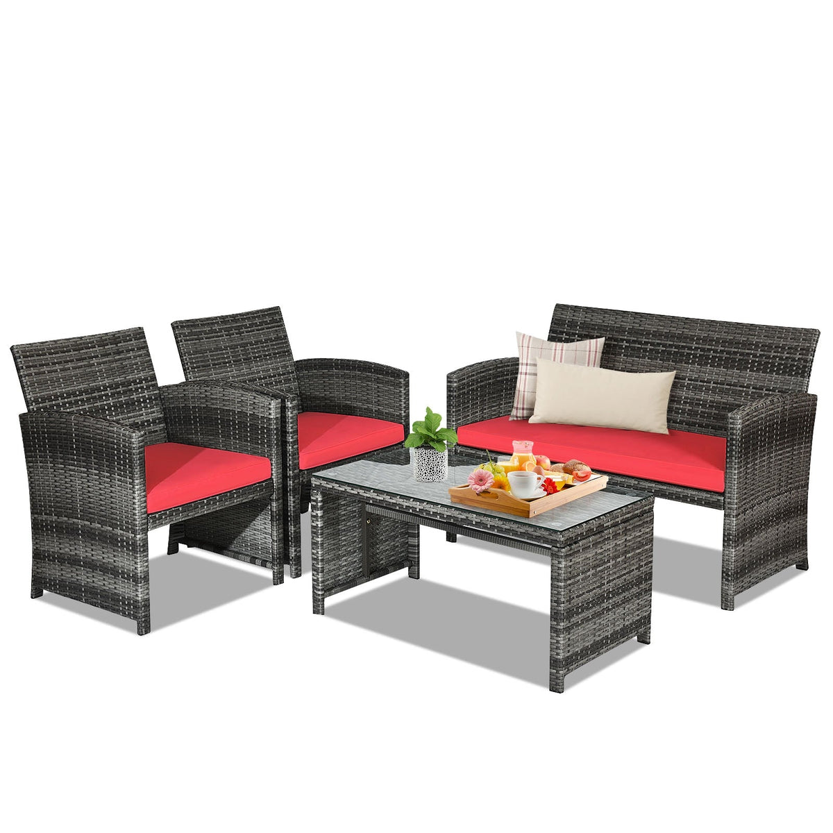 4 Pieces Patio Rattan Furniture Set with Glass Table and Loveseat-Gray 11