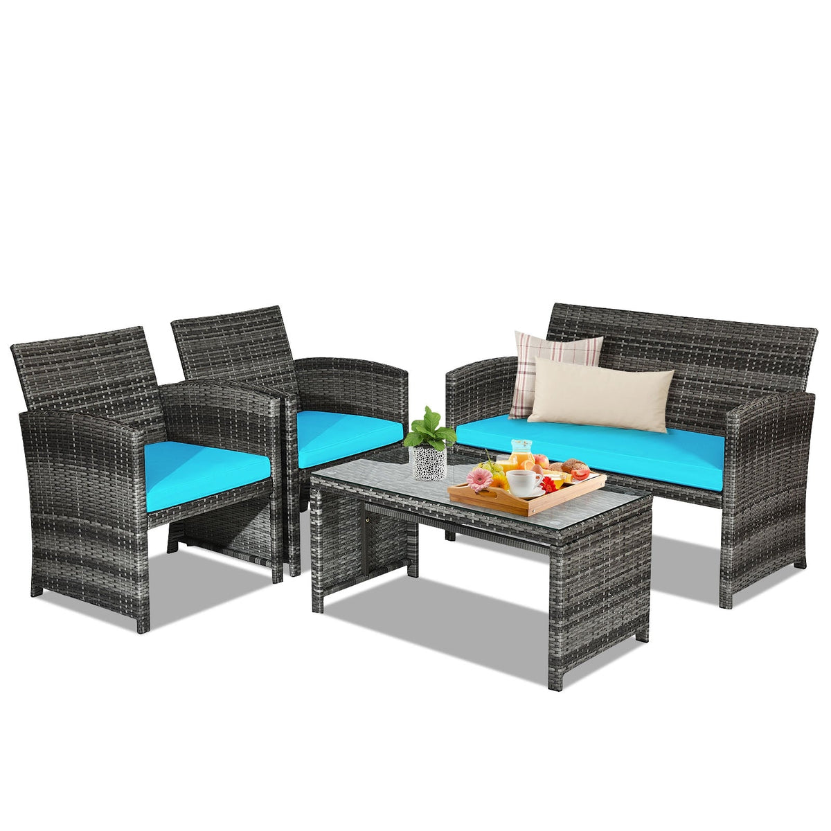 4 Pieces Patio Rattan Furniture Set with Glass Table and Loveseat-Gray 12