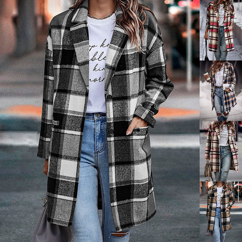 Fashion Plaid Long Jacket With Pockets Autumn And Winter New Style Turndown Collar Woolen Coat Outdoor Women Clothing 1