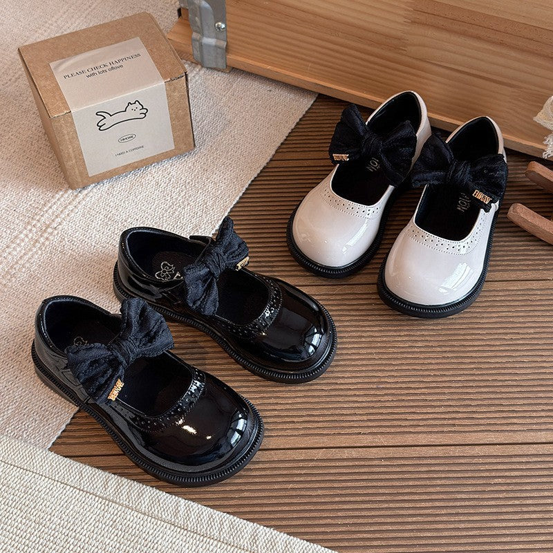 2026 Spring New Kids Leather Shoes, Stylish Black Bow Princess Mary Jane Flat Shoes For Girls 3