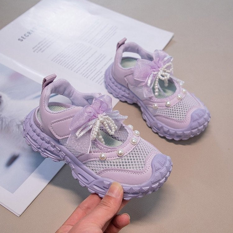 2026 New Summer Girls Hollow Single Mesh Sports Sandals, Fashion Versatile Dad Sneakers With Pearl Bow Decor Breathable Mesh Casual Shoes 3