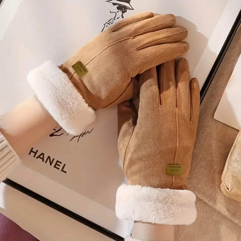 Cashmere Warm Suede Leather Plush Touch Screen Gloves 11