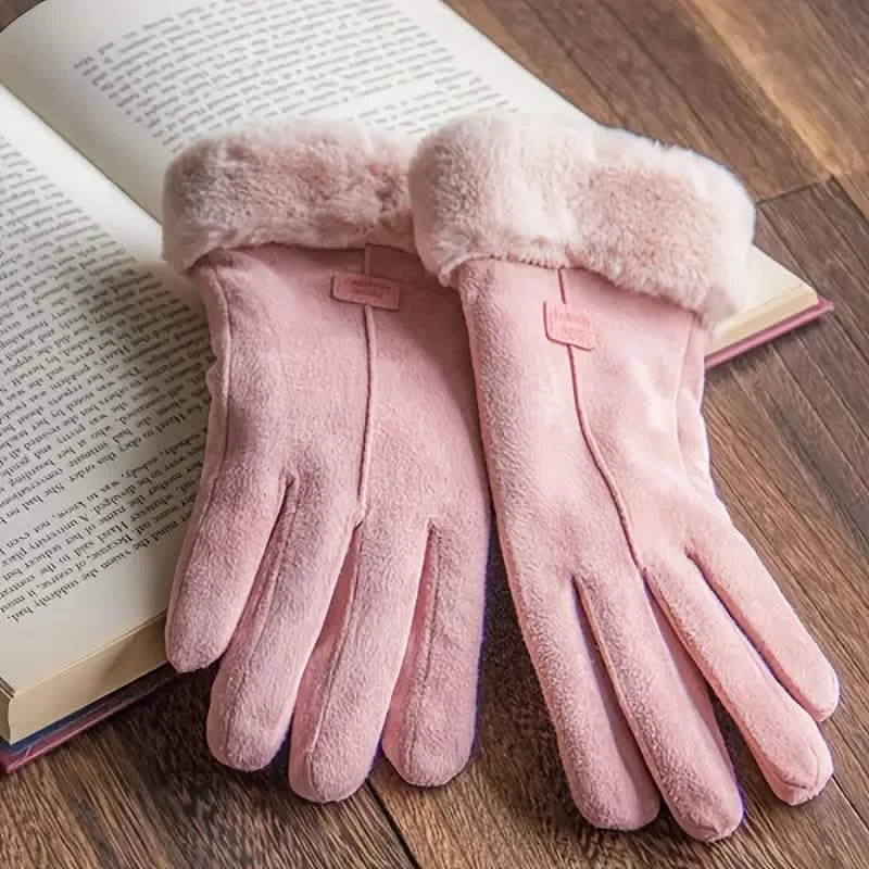 Cashmere Warm Suede Leather Plush Touch Screen Gloves 1