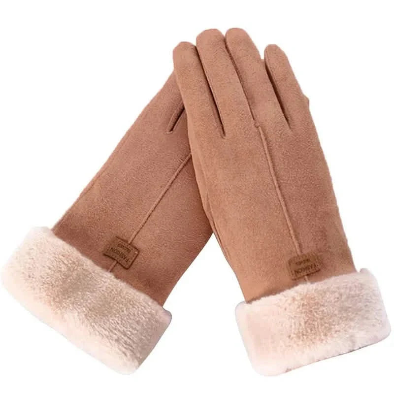 Cashmere Warm Suede Leather Plush Touch Screen Gloves 4