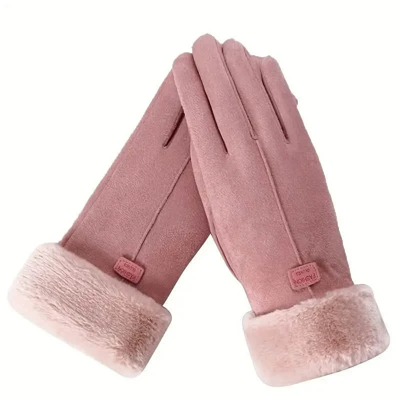 Cashmere Warm Suede Leather Plush Touch Screen Gloves 2