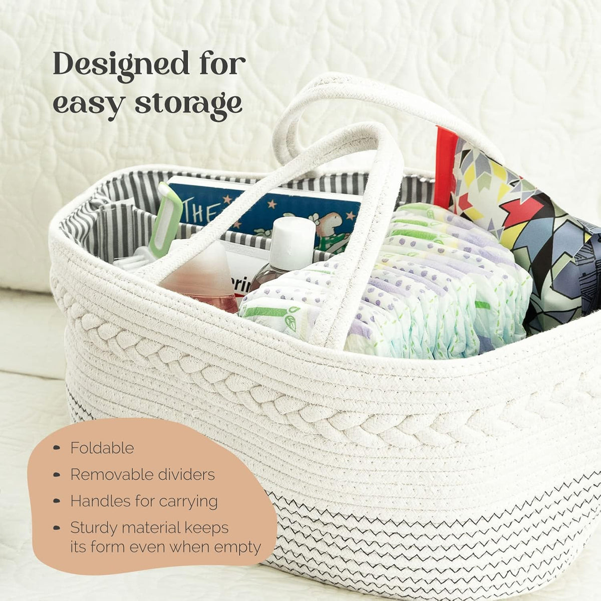 Diaper Caddy Organizer, Large Cotton Rope Nursery Baby Basket, Changing Table Organizer For Baby Diaper Storage, Portable Car Organizer With Removable Divider, Baby Shower Gifts 6