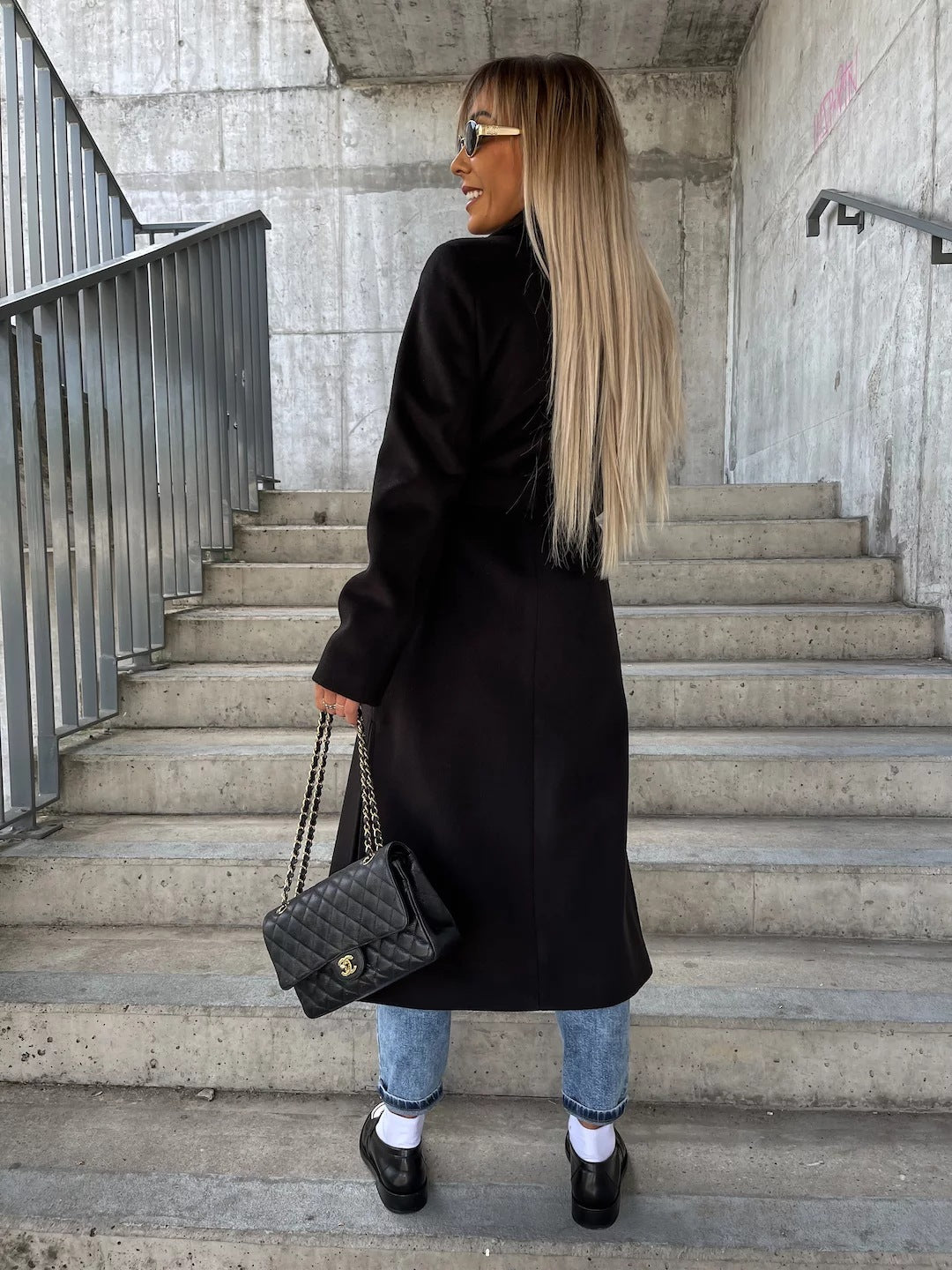Double-breasted Lapel Split Jacket With Belt Winter Fashion Casual Long Sleeve Button Daily Coats For Women Clothing 2