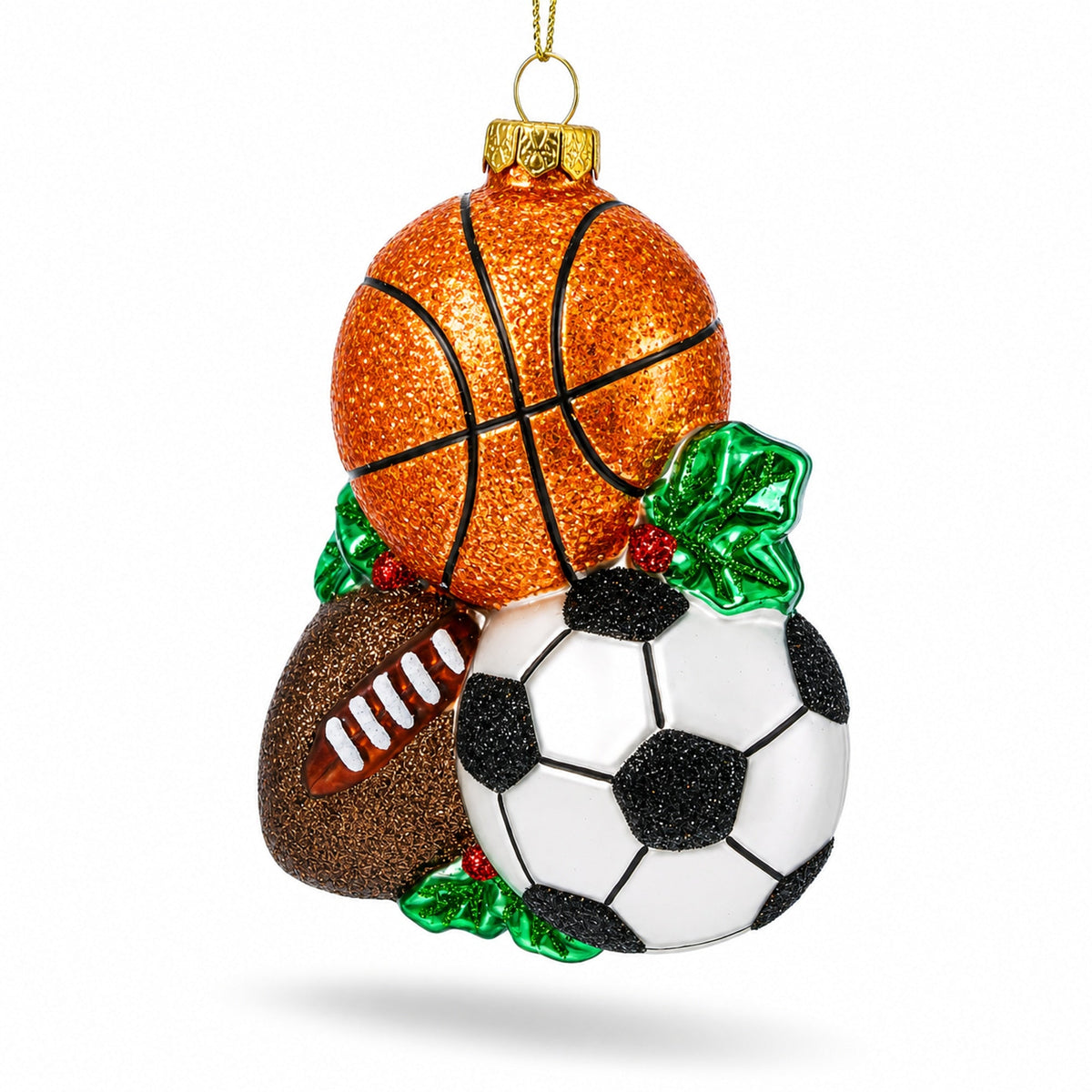 Sporty Football, Basketball, and Soccer Balls Glass Christmas Ornament 1