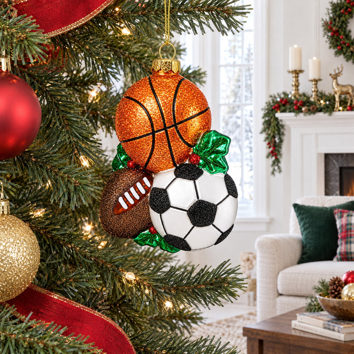 Sporty Football, Basketball, and Soccer Balls Glass Christmas Ornament 2