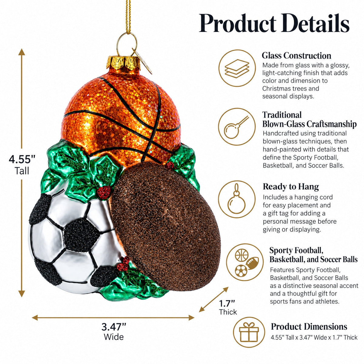 Sporty Football, Basketball, and Soccer Balls Glass Christmas Ornament 3