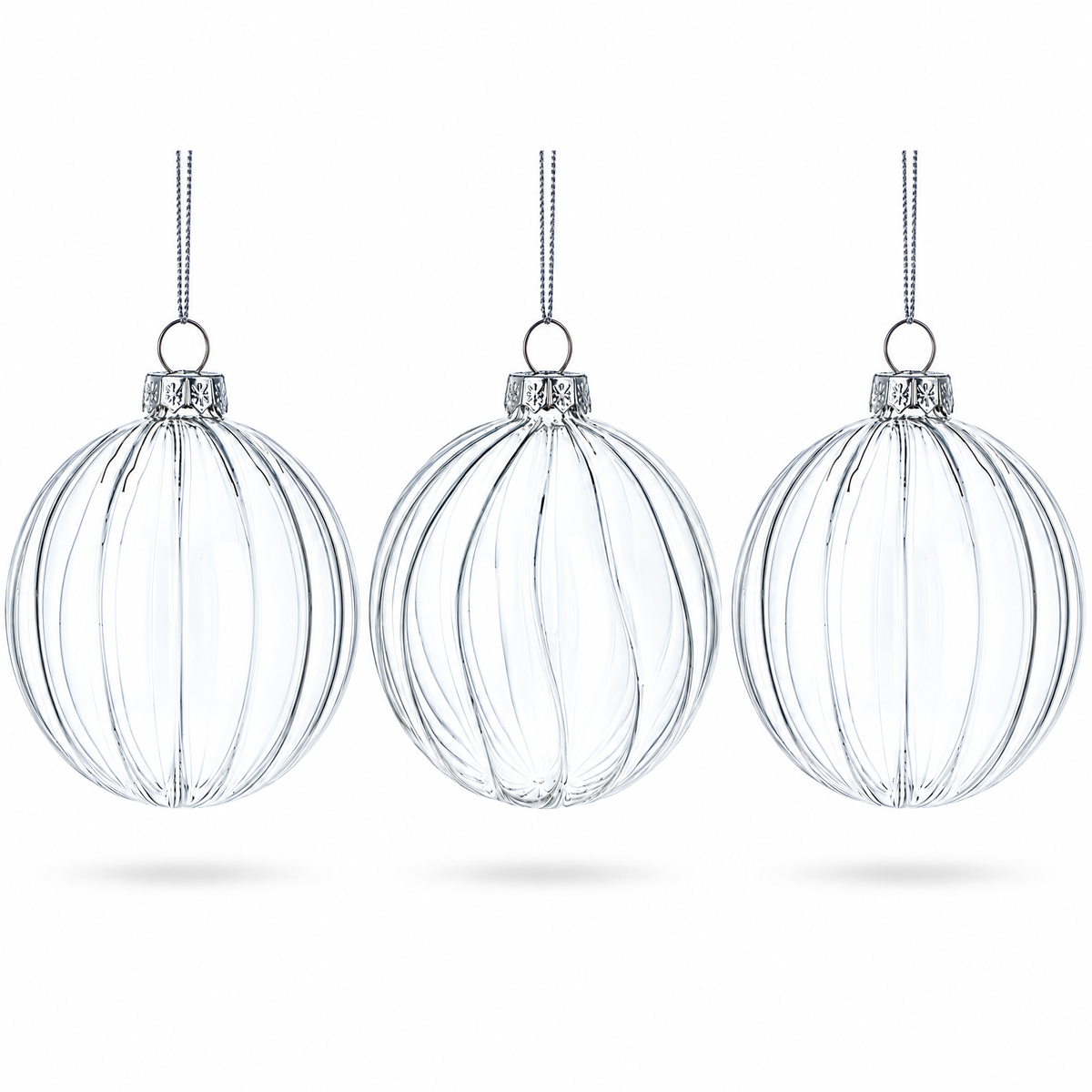 Elegant Set of 3 Striped Clear Glass Ball Christmas Ornaments 3.5 Inches 1