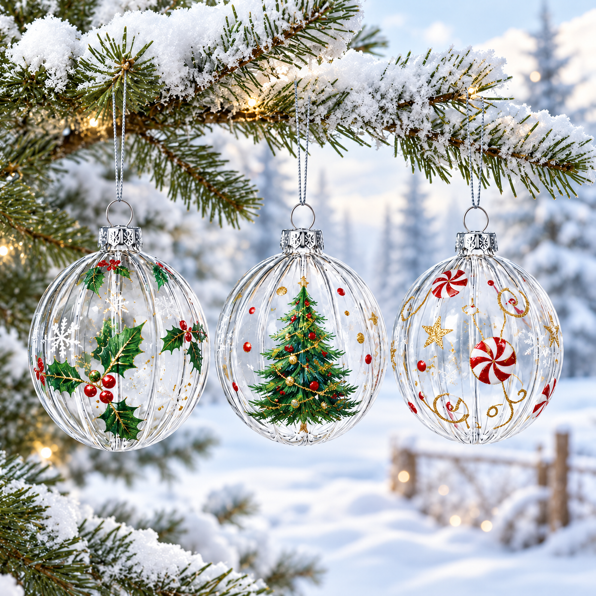 Elegant Set of 3 Striped Clear Glass Ball Christmas Ornaments 3.5 Inches 2