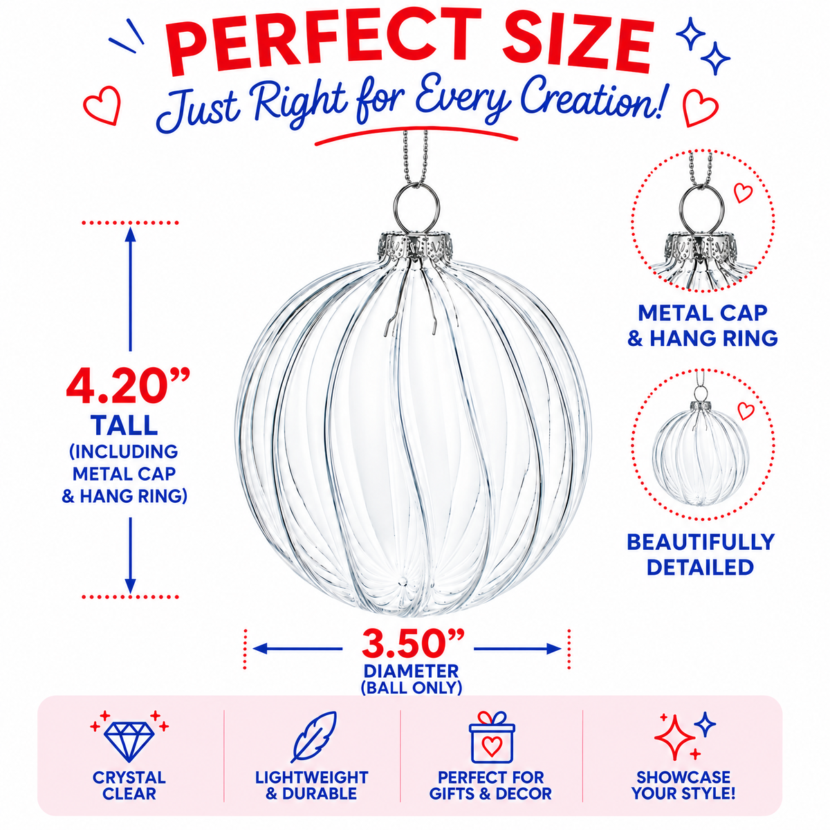 Elegant Set of 3 Striped Clear Glass Ball Christmas Ornaments 3.5 Inches 3