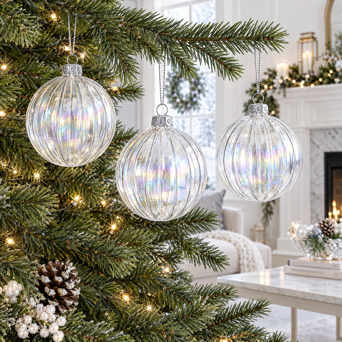 Set of 3 Iridescent Clear Glass Ball Christmas Ornaments 3.6 Inches 2