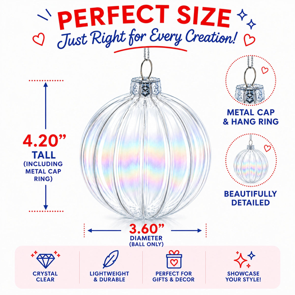 Set of 3 Iridescent Clear Glass Ball Christmas Ornaments 3.6 Inches 4