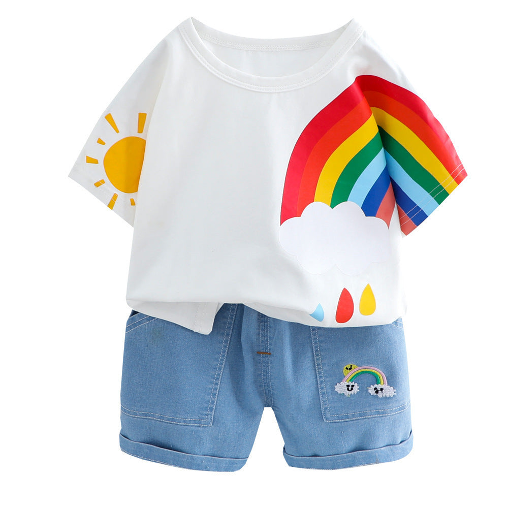 Boys And Girls Short-sleeved Denim Five-point Pants Two-piece Cute Pants Suit Cotton Short-sleeved 2