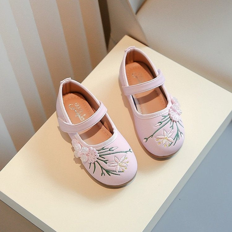 Ancient Style Girls Shoes, New Chinese Style Embroidered Flats, Spring And Autumn Hanfu Traditional Costume Shoes For Kids 3
