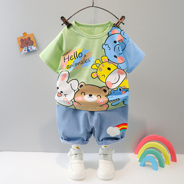 Boys And Girls Short-sleeved Denim Five-point Pants Two-piece Cute Pants Suit Cotton Short-sleeved 7