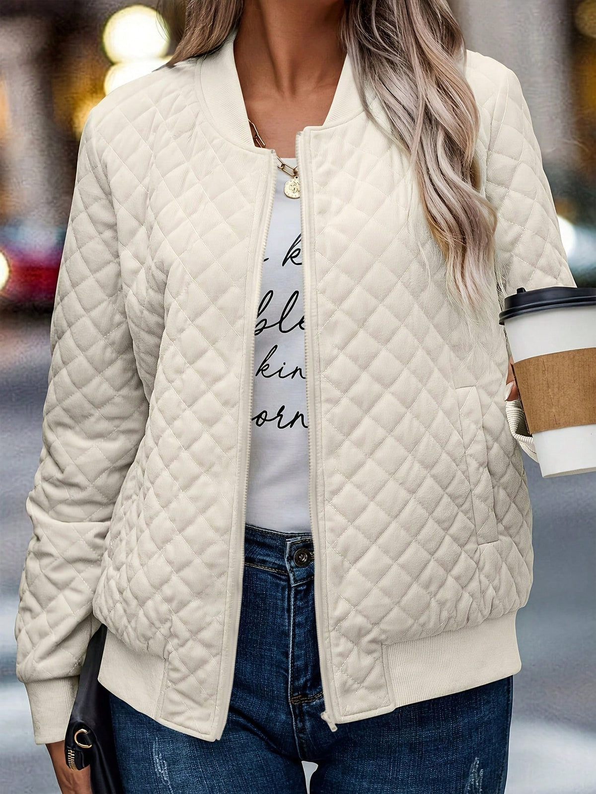 Women Woven Quilted Bomber Jacket Zip Up Stand Collar Lightweight Outerwear 1