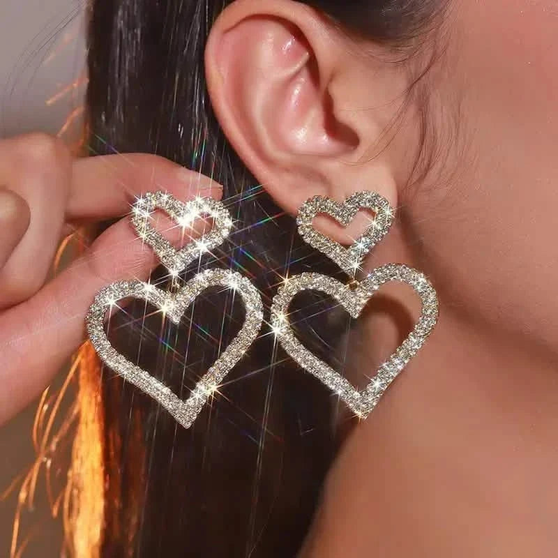 Chic Double Heart Rhinestone Stud Earrings 2