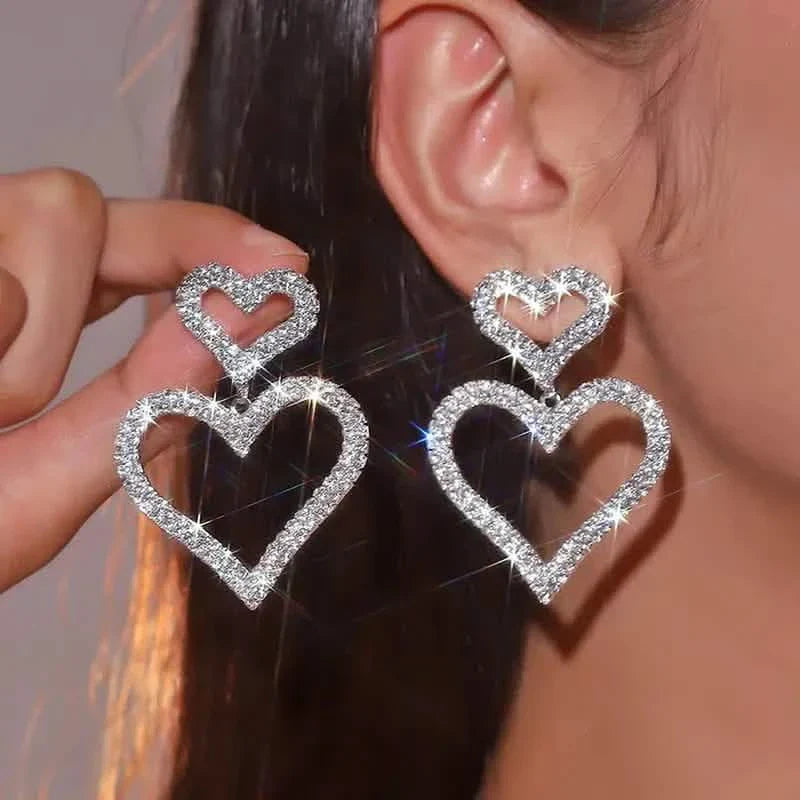 Chic Double Heart Rhinestone Stud Earrings 1
