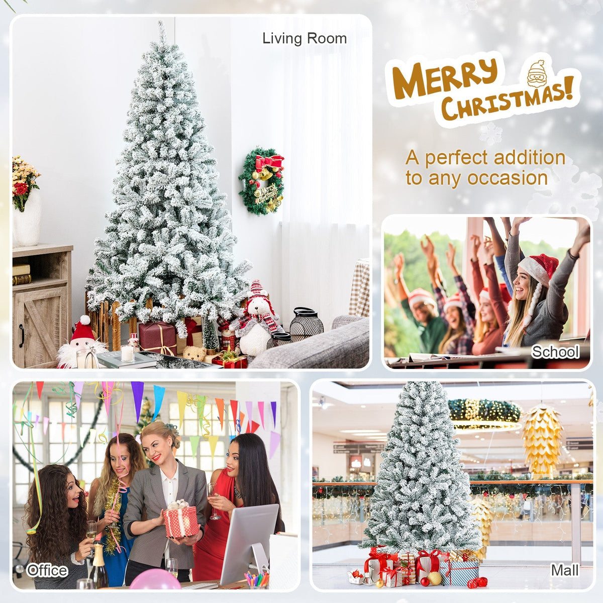 7.5 Feet Snow Flocked Hinged Artificial Christmas Tree without Lights 8