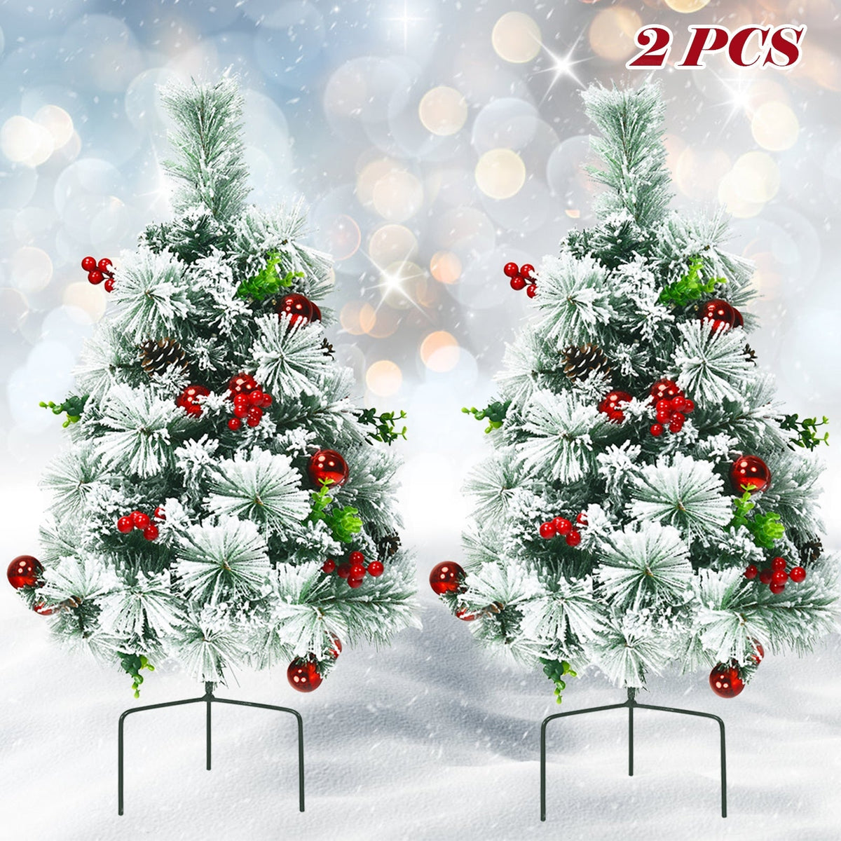 2 Feet Set of 2 Pre-lit Pathway Flocked Christmas Trees Battery Powered 8